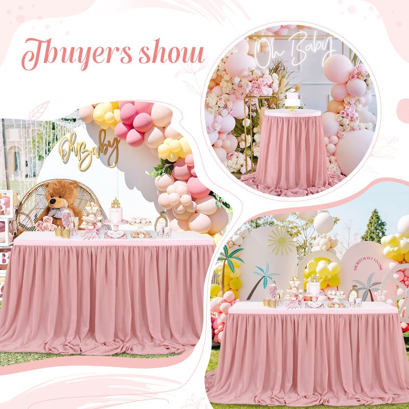 QueenDream Dusty Rose 6ft Table Skirt for Rectangle Tables or Round Tables Sheer Tablecloth for Baby Girl Birthday Princess Party Wedding Table Decor - Image 5